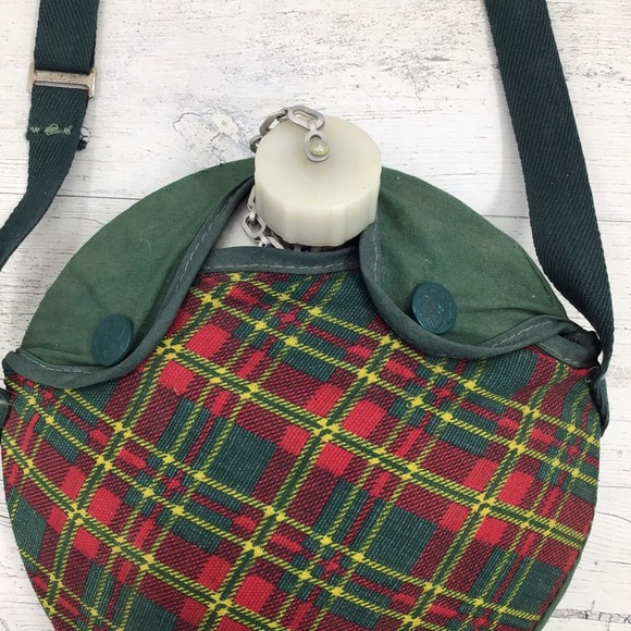 Vintage 1960s Girl Scouts 1 Quart Aluminum Canteen Green Plaid Cover & Strap - Picture 3 of 9